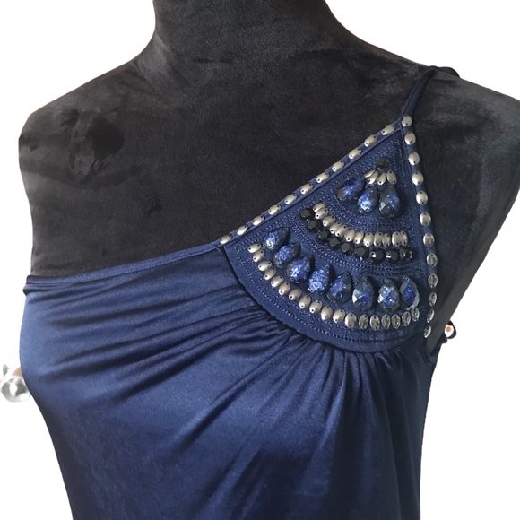 BCBGMaxazria Navy Blue Asymmetrical Beaded Maxi Dress - Picture 4 of 8